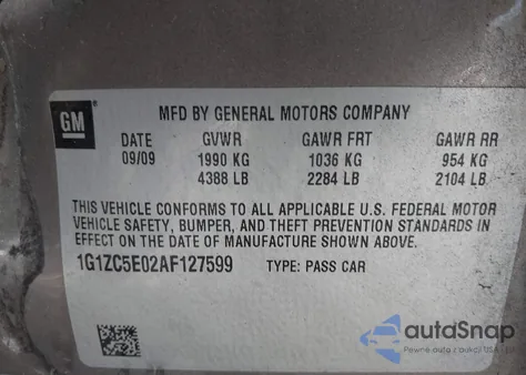 2010 Chevrolet Malibu Lt z USA, uszkodzony, nr VIN 1G1ZC5E02AF127599